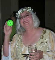 at the 2007 con banquet. she's wearing a wreath of flowers on her head